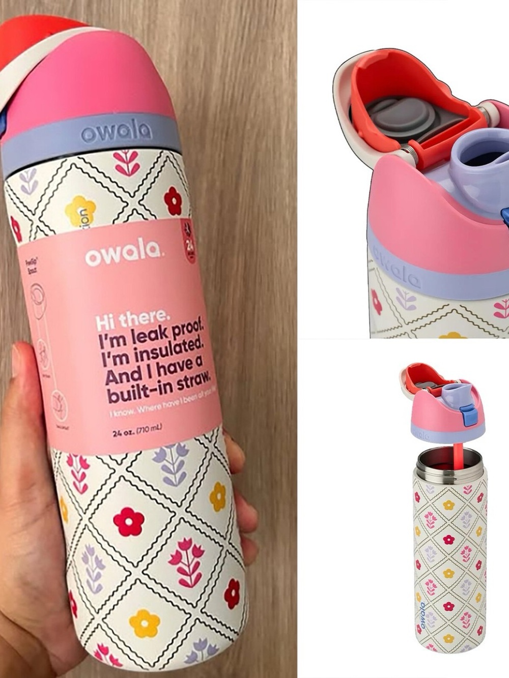 Owala checkered garden floral freesip 32oz Insulated Straw Bottle - Pink Flower